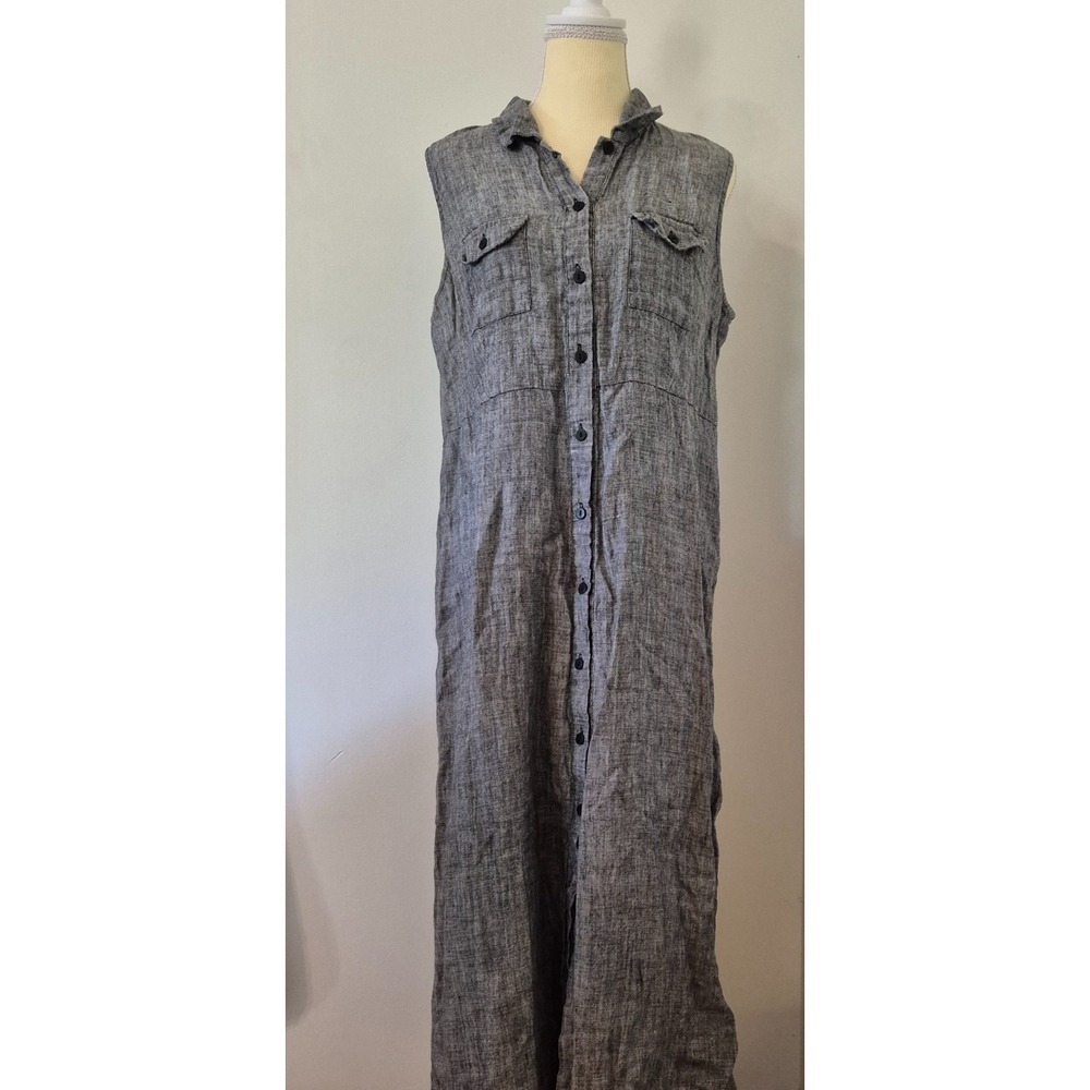 Linen Blend Sleeveless Maxi Shirt Dress Full Button Lagenlook Raw Hem Minimalist